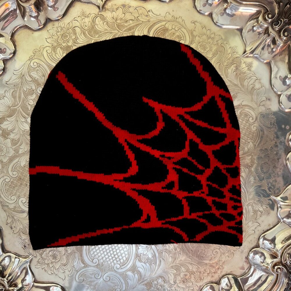 Y2K Beanie Hat Black w Red Spider Web Unisex Accessory Fashion Style New Trendy